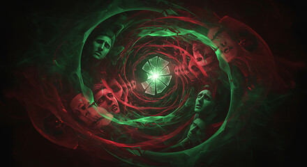 Surreal vortex of human faces in green and red hues symbolizing inner turmoil and emotional chaos