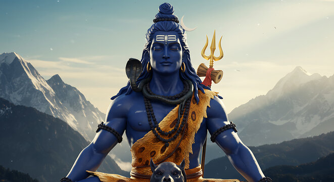 Serene depiction of Lord Shiva meditating in the Himalayas with his trident and tiger skin
