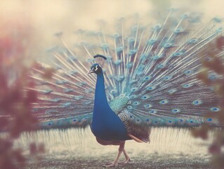 Obraz premium Peacock with fanned tail feathers in natural setting