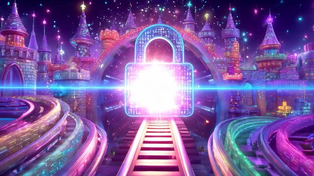 Cyberpunk City With Neon Lights, Padlock Icon and Rollercoaster Tracks: Metaverse Security Concept