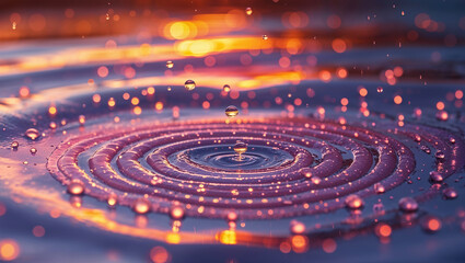 Obraz premium Water droplets creating concentric ripples at sunset