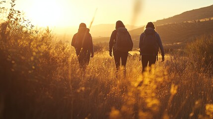 Three diverse hikers walking on a sunlit trail, surrounded by grassy hills.