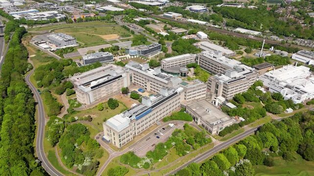 Aerial drone view GSK factory building manufacturing Pharmaceuticals England UK Stevenage UK