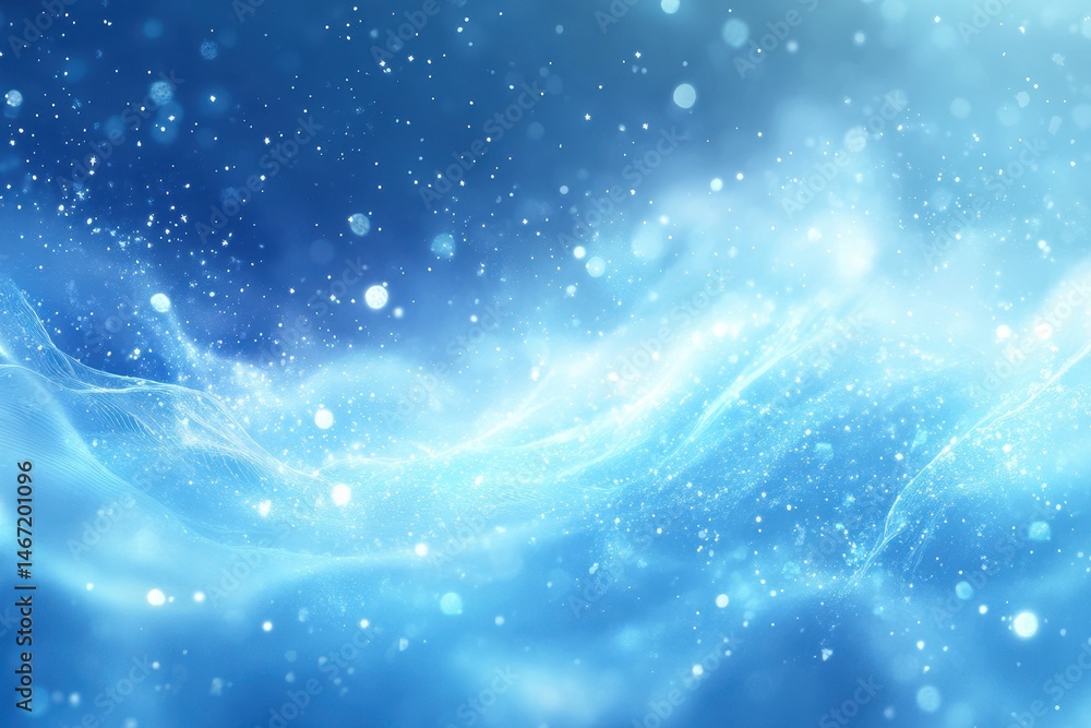 Poster bright blue abstract background with white light sparks and bokeh. use for winter, festive, or magic
