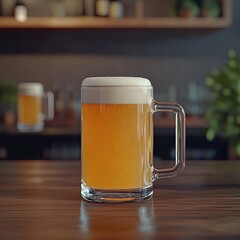 Mugs of beer in a bar on wooden table