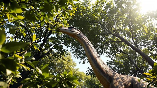 Majestic brachiosaurus lifts long neck toward leafy canopy, sunlight filtering through dense foliage. Tranquil brachiosaurus scene transports viewer into serene realm of prehistoric nature