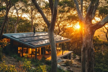 Naklejka premium Picturesque mountain cabin nestled within a lush forest at sunset.
