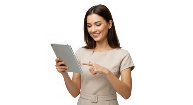 Woman using tablet computer isolated on white background