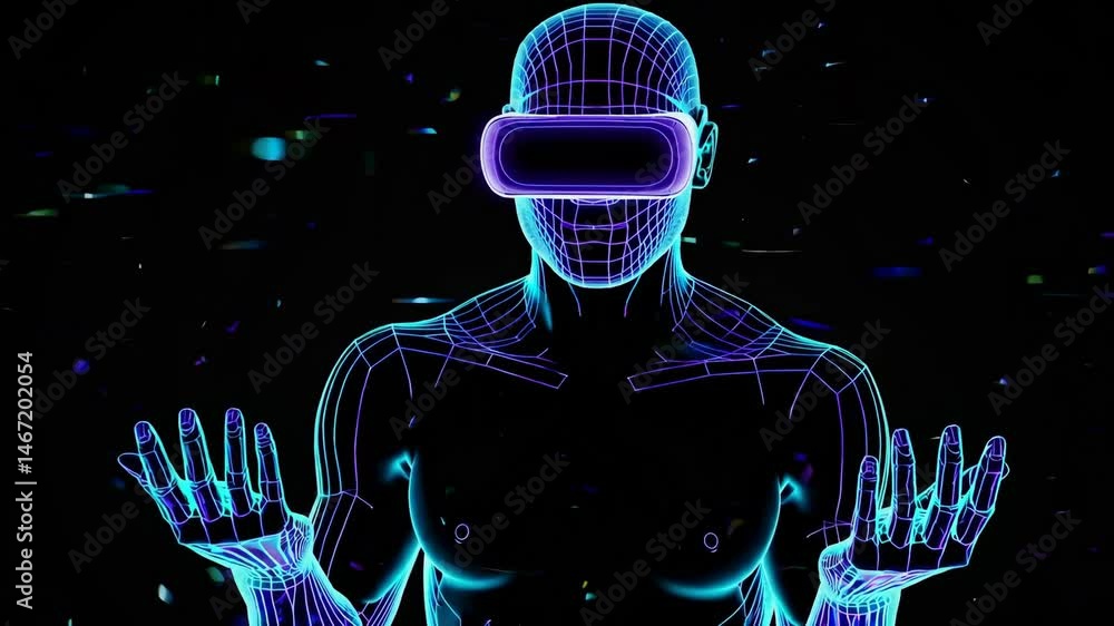 Poster Futuristic neonoutlined person interacting with virtual reality in dynamic 3d environment