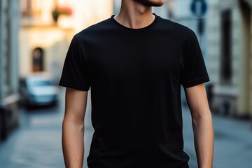 Man Wearing a Plain Black T-Shirt Standing on a Cobblestone Street in a European Town, Casual Fashion and Simple Style for Product Mockup and Apparel Presentation