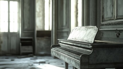 Abandoned grand piano in a decaying mansion, sunlight streams through windows illuminating dust and debris.