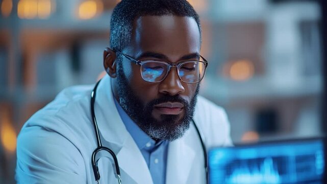 A focused doctor examines diagnostic images on a computer, reflecting dedication to healthcare and professional precision within a modern clinical setting.