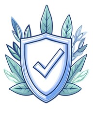 A checked shield emblem, surrounded by leaves, symbolizing security and natural protection