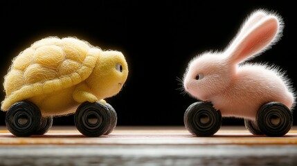 Yellow turtle and pink rabbit face each other on wheels, ready for a race © Nasyih