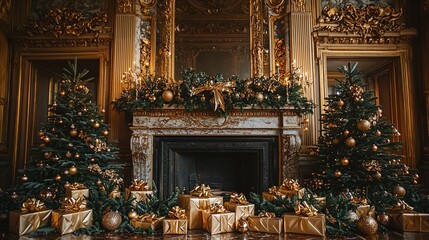 Luxurious Christmas decor in opulent palace fireplace room