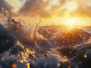 Golden Sunset over Ocean Waves – Dynamic Sea Splash in Warm Light. Travel brochures, wellness and mindfulness content, background visuals, website headers, environmental campaigns. 