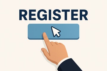 Register button with clicking hand and arrow cursor in flat modern design for website or app user interface and call to action visuals