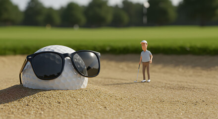 Obraz premium Golf Ball with Sunglasses in Sand Trap, Miniature Golfer