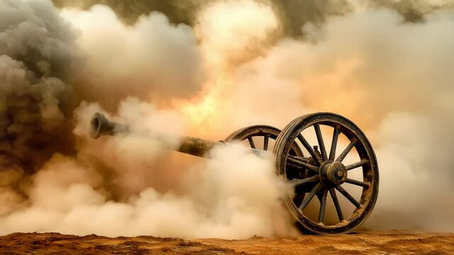 Antique Cannon Firing amidst Smoky Battlefield Setting
