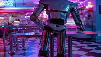 robot in diner stands beneath bright neon, chrome frame catching reflections of 80s colors. robot in diner blends retro and sci-fi. robot in diner invites curiosity. Concept retrofuture service - Powered by Adobe