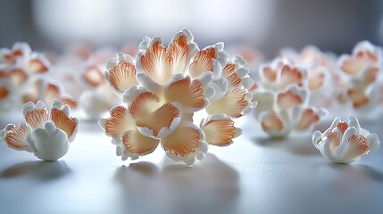Close-up of  decorative  floral  sculptures.  Soft  light  highlights  textures