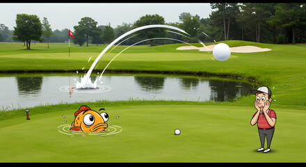 Golf Mishap: Cartoon Golfer and Fish in Water Hazard