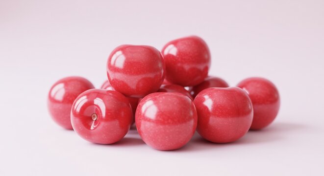 Cerises rouges brillantes lumi&egrave;re douce fond rose p&acirc;le