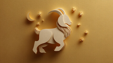 Paper-cutout goat and stars on yellow textured background, eid al-adha concept 