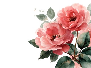 Fototapeta premium Delicate watercolor painting of two blush pink roses with green leaves on a white background perfect for wedding invitations or romantic designs.