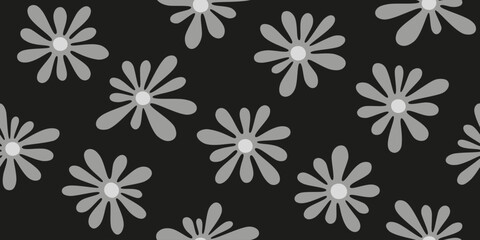 Dark gray floral seamless pattern in childish style. Monochrome doodle flower pattern, design for fabric textile cover and background.