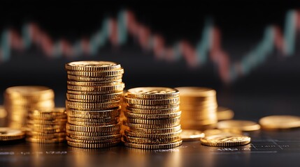 Stacks of gold crypto coins with a financial market chart in the background, useful for content about fintech, stock market and financial growth