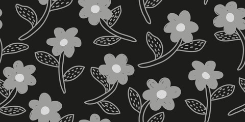 Dark gray floral pattern in childish style. Monochrome doodle flower seamless pattern, design for fabric textile cover and background.