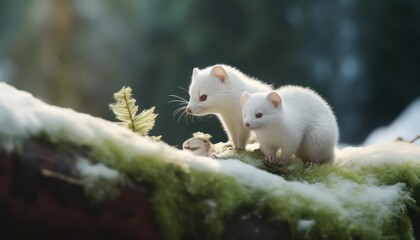Snow marten with his child standing in the arctic regions green frost forest, rare view in the arctic, rare animal sighting in snowy forest