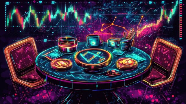Neon casino interior with glowing trading chart and poker table for high stakes gambling investment and fortune opportunities