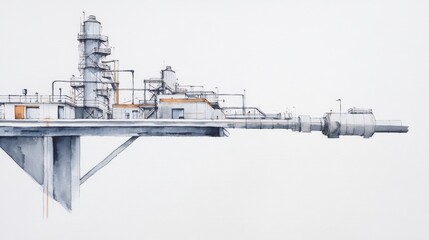 Fototapeta premium Industrial Complex on Elevated Platform - Watercolor painting of a futuristic industrial complex situated on a raised platform, featuring various structures and connecting pipes