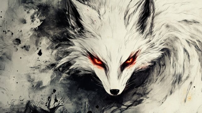 Mystical Kitsune Fox Spirit with Glowing Red Eyes.