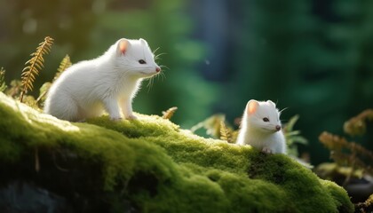 Snow marten with his child standing in the arctic regions green frost forest, rare view in the arctic, rare animal sighting in snowy forest