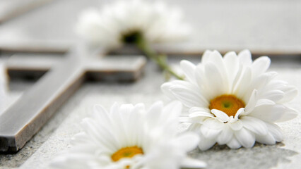 Obraz premium White daisies bouquet of flowers on a grave with cross