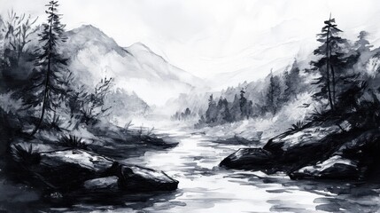 Hand-drawn sumi-e painting of a river valley.