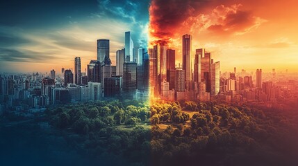 Obraz premium Stunning skyline split between day and night, showcasing urban contrast in vibrant colors.