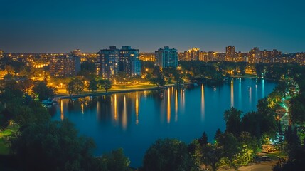 Fototapeta premium Stunning night view of a city skyline reflecting in calm waters.