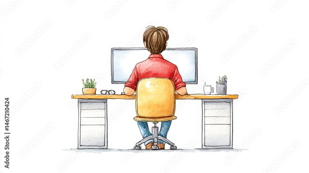 Poster person working at desk - rear view of a person sitting at a desk working on a computer. simple water