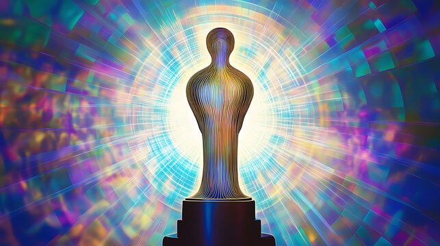 Vividly lit figure with auric light expanding in organized magnetic layers 