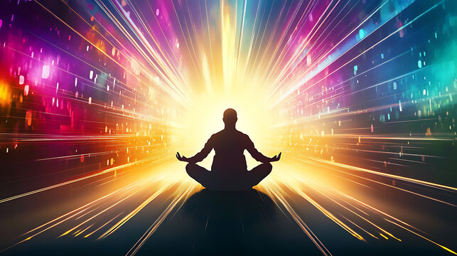 Vividly lit figure with auric light expanding in organized magnetic layers 