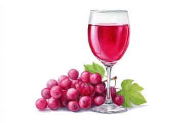 Red Wine and Grapes Still Life - A glass of red wine sits beside a bunch of red grapes against a white background. A classic of winemaking