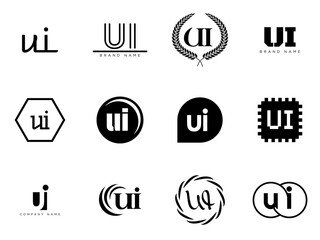 UI logo company template. Letter u and i logotype. Set different classic serif lettering and modern bold text with design elements. Initial font typography.