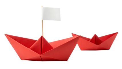 Two red paper boats with white flag isolated on transparent PNG background