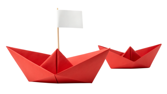 Two red paper boats with white flag isolated on transparent PNG background - Powered by Adobe