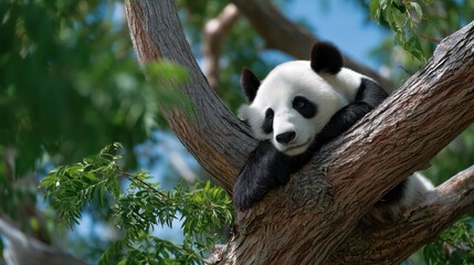 Obraz premium Panda laying on back with paws in air, playful behavior captured from afar with natural tones