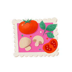 Fresh Pizza Ingredients Illustration with Tomato, Mushroom and Basil in Framed Stamp